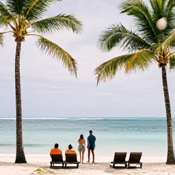 Caribbean Holidays, February Couples Holidays, Romantic beach on Tobago with two sun loungers, calm Caribbean water, palm trees and a couple walking beside the sea