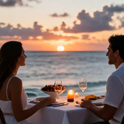 Caribbean Holidays, February Couples Holidays, Romantic beachfront dinner for two in Antigua, candlelit table, fresh seafood and sunset over the Caribbean Sea