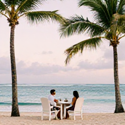 Caribbean Holidays, February Couples Holidays, Romantic beachfront table for two on a Saint Kitts beach, soft evening light, palm trees and the Caribbean Sea