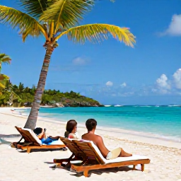 Caribbean Holidays, February Couples Holidays, Romantic couple relaxing on a secluded Antigua beach with sun loungers, palm trees and clear blue Caribbean water