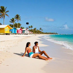 Caribbean Holidays, February Couples Holidays, Romantic couple relaxing on a secluded Cura&ccedil;ao beach, colourful beach huts, palm trees and gentle turquoise waves