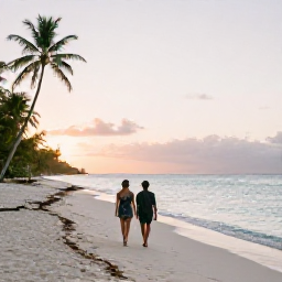 Caribbean Holidays, February Couples Holidays, Romantic couple walking along a quiet sandy beach in Tobago at sunset, calm turquoise sea and palm trees