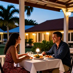Caribbean Holidays, February Couples Holidays, Romantic outdoor table for two at a Caribbean restaurant in Trinidad and Tobago, local dishes, warm evening lighting and relaxed atmosphere