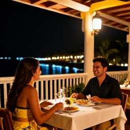 Caribbean Holidays, February Couples Holidays, Romantic Puerto Rican restaurant terrace at night, couple dining together, warm lantern light, local food and relaxed Caribbean atmosphere