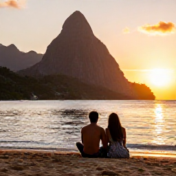 Caribbean Holidays, February Couples Holidays, Romantic sunset at Sugar Beach in Saint Lucia, couple seated together on the sand with the Pitons in the background