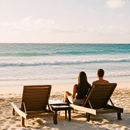 Caribbean Holidays, February Couples, Romantic couple relaxing on Grace Bay Beach with two loungers, gentle turquoise waves and a warm Caribbean afternoon