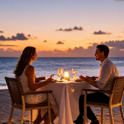 Caribbean Holidays, February Couples, Romantic outdoor dinner for two at a stylish beachfront restaurant in Turks and Caicos, sunset sky and softly lit table