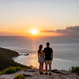 Caribbean Holidays, February Couples, Romantic sunset over the Caribbean Sea viewed by a couple from a scenic viewpoint in St Thomas
