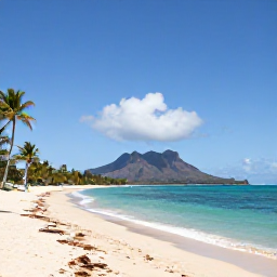 Caribbean Holidays, February Cruises, A calm sandy beach on Nevis with turquoise water, palm trees and a view towards the volcanic peak of Nevis