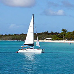 Caribbean Holidays, February Cruises, A catamaran sailing along the west coast of Barbados beside clear blue water, with snorkellers and a sandy beach in the background