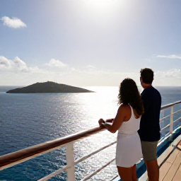 Caribbean Holidays, February Cruises, A couple standing on a Caribbean cruise ship balcony looking towards a sunlit island and sparkling sea