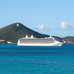 Caribbean Holidays, February Cruises, A cruise ship approaching the green hills and bright turquoise waters of St Thomas in the United States Virgin Islands on a sunny February morning