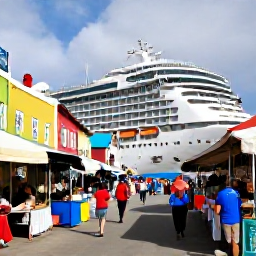 Caribbean Holidays, February Cruises, A lively Caribbean port with colourful buildings, local market stalls and cruise passengers exploring on foot