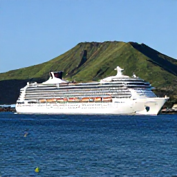 Caribbean Holidays, February Cruises, A modern cruise ship approaching Basseterre harbour in bright February sunshine, with green volcanic hills and blue Caribbean water
