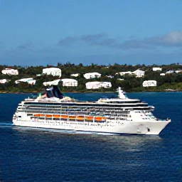 Caribbean Holidays, February Cruises, A modern cruise ship approaching Bermuda through calm blue Atlantic water, with pastel-coloured buildings and green hills in the distance