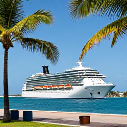 Caribbean Holidays, February Cruises, A modern cruise ship approaching Bridgetown harbour in bright February sunshine, with palm trees and turquoise Caribbean water