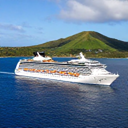 Caribbean Holidays, February Cruises, A modern cruise ship approaching the green volcanic islands of Saint Vincent and the Grenadines under sunny February skies