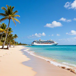 Caribbean Holidays, February Cruises, A peaceful Puerto Rican beach with clear blue water, palm trees and a small cruise ship visible offshore