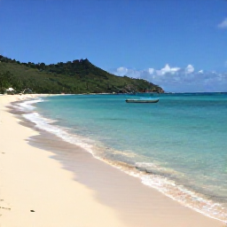 Caribbean Holidays, February Cruises, A quiet tropical beach on St John with white sand, clear shallow water, green hills and a small snorkelling boat