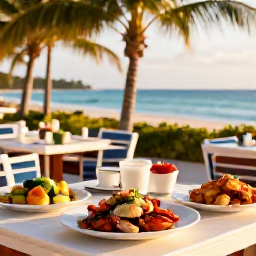 Caribbean Holidays, February Cruises, A relaxed beachfront restaurant on Grand Turk serving fresh seafood and local dishes beneath palm trees in warm afternoon light