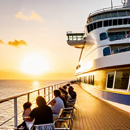 Caribbean Holidays, February Cruises, A stylish cruise ship deck at sunset near Barbados, with guests enjoying a relaxed evening and golden Caribbean light