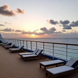 Caribbean Holidays, February Cruises, A welcoming cruise ship deck overlooking Bermuda at sunset, with comfortable loungers, calm sea and soft evening light