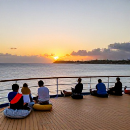Caribbean Holidays, February Cruises, Cruise guests relaxing on an open deck at sunset near Saint Kitts, with tropical sea, soft evening light and the island silhouette