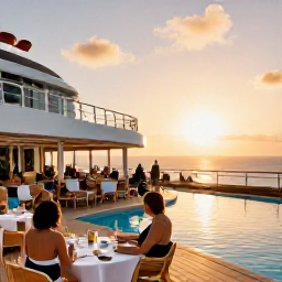 Caribbean Holidays, February Cruises, Elegant cruise ship deck at sunset with guests enjoying an outdoor restaurant, swimming pool and warm golden light