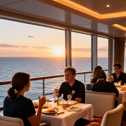 Caribbean Holidays, February Cruises, Elegant cruise ship dining area at sunset with guests enjoying a relaxed Caribbean evening