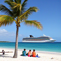 Caribbean Holidays, February Cruises, Passengers relaxing beside a palm-fringed Caribbean beach with a cruise ship anchored offshore and calm turquoise sea