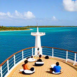 Caribbean Holidays, February Cruises, Passengers relaxing on a cruise ship deck with turquoise Caribbean sea, small islands and bright sunshine around them