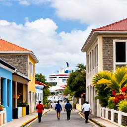 Caribbean Holidays, February Cruises, Passengers walking through the colourful streets of Basseterre, Saint Kitts, with historic stone buildings, tropical plants and a cruise ship in the background