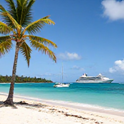 Caribbean Holidays, February Cruises, Small sailing boats anchored in a sheltered turquoise bay beside palm trees and a quiet Caribbean beach in the Grenadines