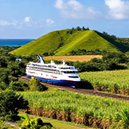 Caribbean Holidays, February Cruises, The scenic St Kitts Railway passing through lush green hills and sugar cane fields, with the Caribbean Sea visible in the distance