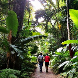 Caribbean Holidays, February Cruises, Travellers enjoying a guided rainforest walk in El Yunque, with lush tropical plants and sunlight filtering through the trees
