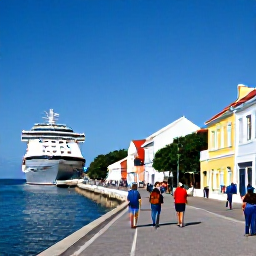 Caribbean Holidays, February Cruises, Travellers walking along the colourful waterfront and historic streets of Charlotte Amalie, St Thomas, under clear blue skies