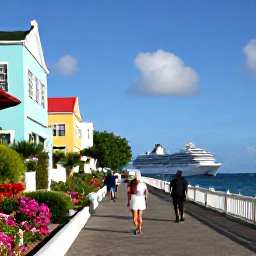 Caribbean Holidays, February Cruises, Visitors walking along Hamilton waterfront in February, with pastel buildings, flowering gardens and a cruise ship visible across the harbour