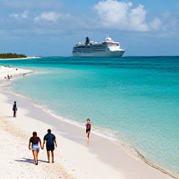 Caribbean Holidays, February Cruises, Visitors walking along the white sand at Governor's Beach on Grand Turk, with clear shallow water and a cruise ship in the distance