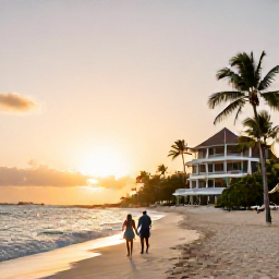 Caribbean Holidays, February Cuba Holidays, A Cuban beach at sunset with a couple walking along the shoreline near a stylish adults-only resort