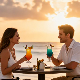 Caribbean Holidays, February Cuba Holidays, Couple enjoying a colourful Cuban cocktail and dinner at an elegant adults-only resort terrace at sunset