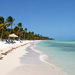 Caribbean Holidays, February Cuba Holidays, White sandy beach in Varadero, Cuba, with clear shallow water, palm trees and sun loungers in February
