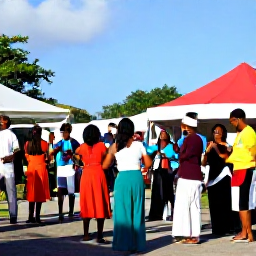 Caribbean Holidays, February Culture, Colourful Caribbean cultural festival in Charlotte Amalie, St Thomas, with local musicians, dancers and visitors enjoying a sunny February afternoon