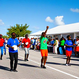 Caribbean Holidays, February Culture, Colourful Junkanoo-style cultural parade in Grand Turk, Turks and Caicos Islands, with musicians, dancers and local spectators in bright sunshine