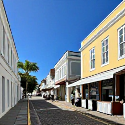 Caribbean Holidays, February Culture, Historic Charlotte Amalie street with colourful buildings, Danish colonial architecture, small shops and visitors exploring in bright February sunshine