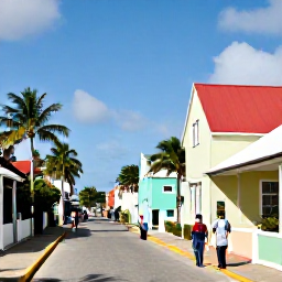 Caribbean Holidays, February Culture, Historic Cockburn Town street on Grand Turk with pastel buildings, palm trees and visitors exploring the island on foot