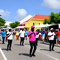 Caribbean Holidays, February Culture Holidays, Colourful street parade in Philipsburg, Sint Maarten, with musicians, dancers and spectators enjoying a sunny February cultural festival