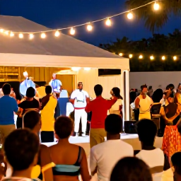 Caribbean Holidays, February Culture Holidays, Evening cultural performance with Caribbean musicians and dancers in a lively outdoor venue on Saint Martin, warm lights and an enthusiastic audience