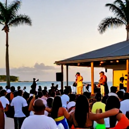 Caribbean Holidays, February Culture Holidays, Live Caribbean music performance at an open-air waterfront venue in Sint Maarten, with dancing visitors and palm trees at sunset
