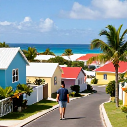 Caribbean Holidays, February Culture Holidays, Traveller walking through a sunny coastal village on Saint Martin, with colourful homes, palms and the Caribbean Sea in the background