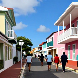 Caribbean Holidays, February Culture Holidays, Visitors enjoying a relaxed cultural walking tour through a colourful Caribbean town on Saint Martin and Sint Maarten